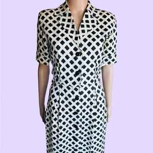 Saint Laurent Black and White Geometric Button-Front Midi Dress